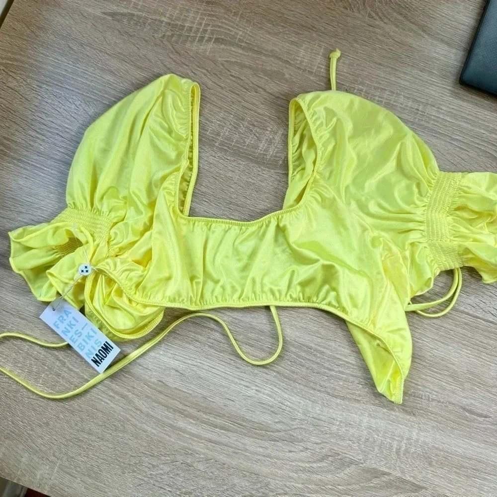 NWT Frankies Bikini Carly Ruffle Satin Bikini Top Yellow Large